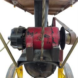 Mid-20th century scratch-built red and yellow painted live-steam scale model of a Showman's Traction Engine, 'Supreme' S.A. Oates & Sons, the simulated full length planked wooden canopy with brass supports and rope edging, with regulator, hand brake, chain steering , dynamo and water feed controls 19cm flywheel, 32cm diameter rear wheels with solid rubber tyres and 21cm diameter front wheels L102cm; together with scratch-built ride-on two-wheel trailer L58cm, and various brass rally plaques for 1980s/1990s.
This is a large, most interesting and comprehensive live-steam working model in need of re-furnishment and some repairs, the boiler has not been tested.