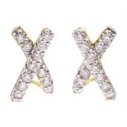 Pair of 9ct gold round brilliant cut diamond crossover stud earrings, stamped 375, total diamond weight 0.33 carat
