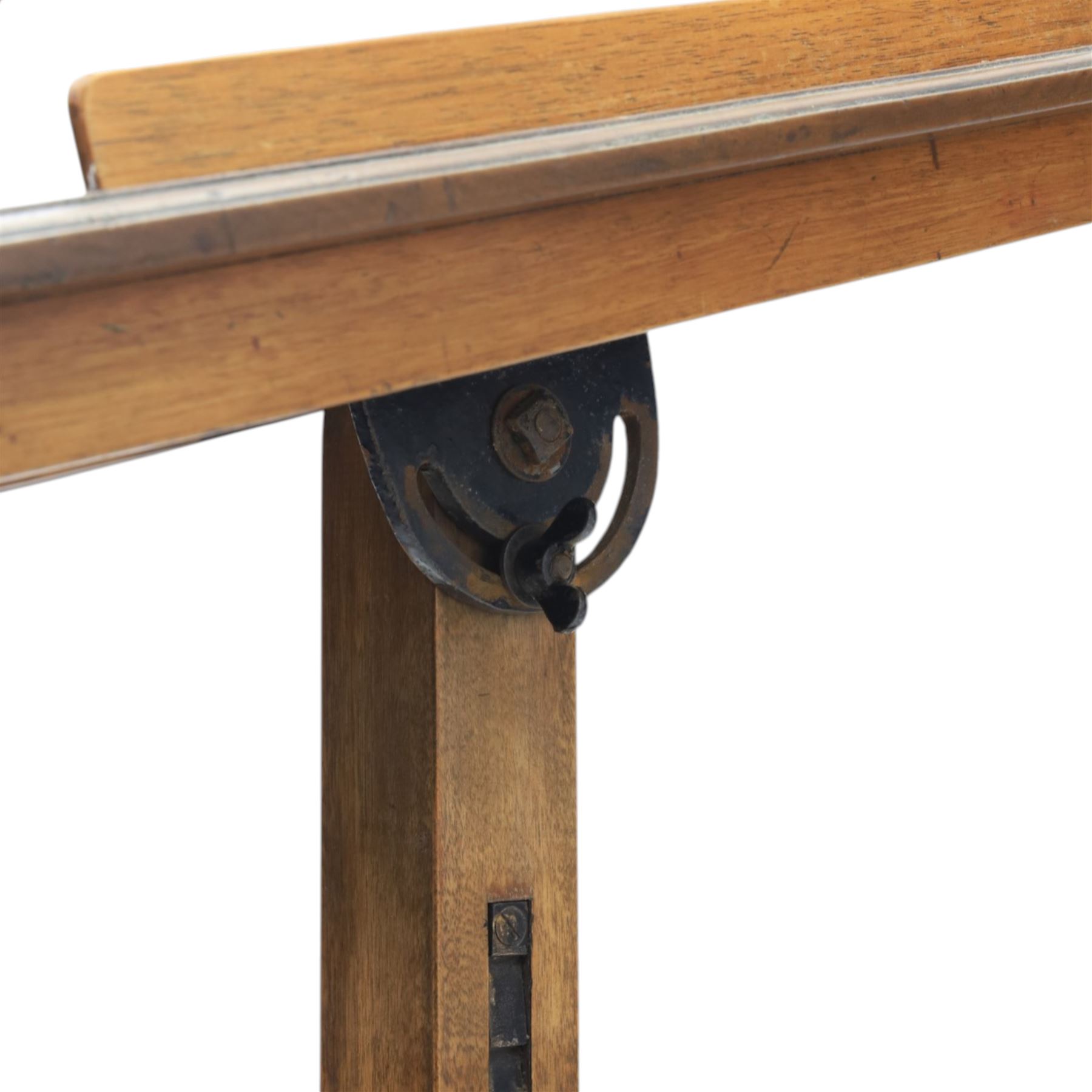 Late Victorian mahogany adjustable reading stand, the rectangular top with moulded and rounded edge and gallery upon a adjustable turned column support, and shaped base
