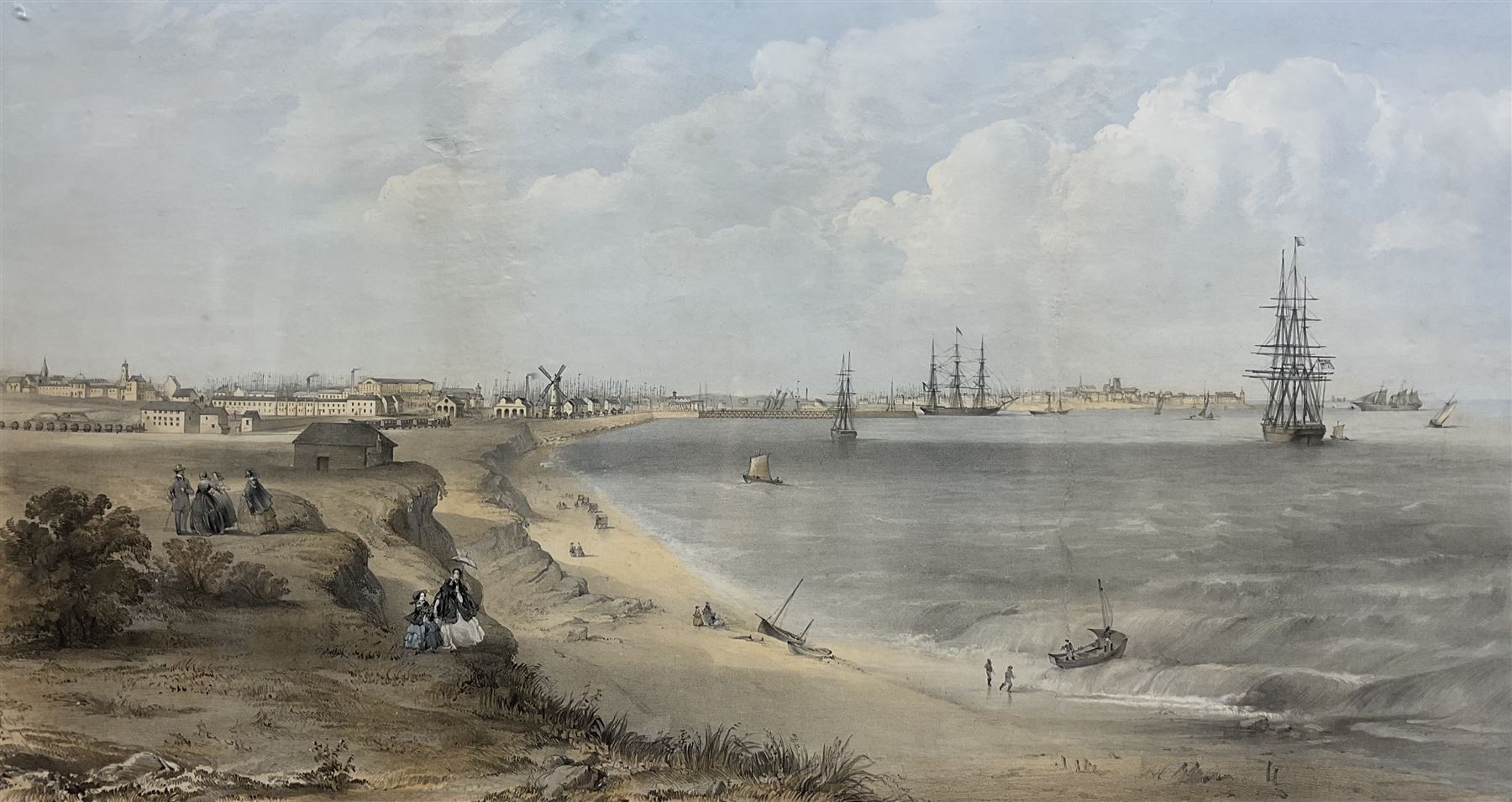 After William Bevan (Engraver - British 19th Century): 'South-West View of the Bay of Hartlepool and the Hartlepools', 19th century coloured lithograph 39cm x 72cm 