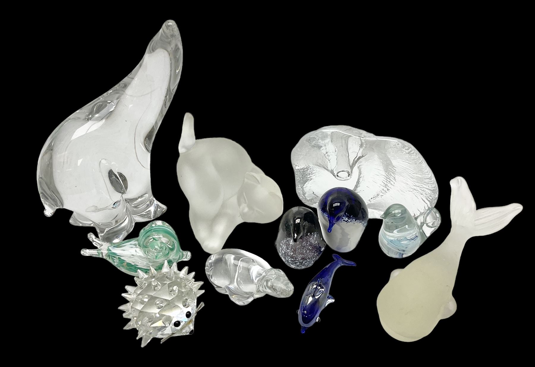 FM Ronneby Sweden large bear paperweight, together two glass penguins, one signed, small Hadeland bear and other glass animals. FM bear H9cm 