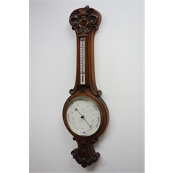  Edwardian carved oak aneroid barometer with thermometer, circular dial signed R.Smith, York, H83cm  