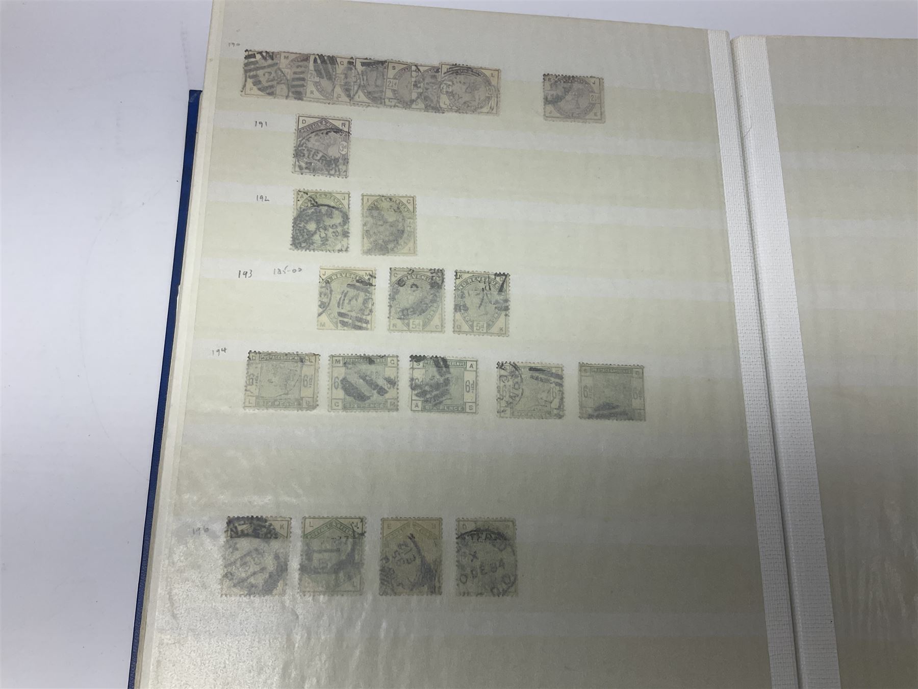 Mostly Great British Queen Victoria stamps, including penny black with black MX cancel, 1840 two pence blue with black cancel, imperf penny reds singles and pairs, perf penny reds stars and plates, various postmarks or cancels, penny reds on pieces or covers, halfpenny 'bantams', other QV issues with some higher values etc, housed in a blue stockbook