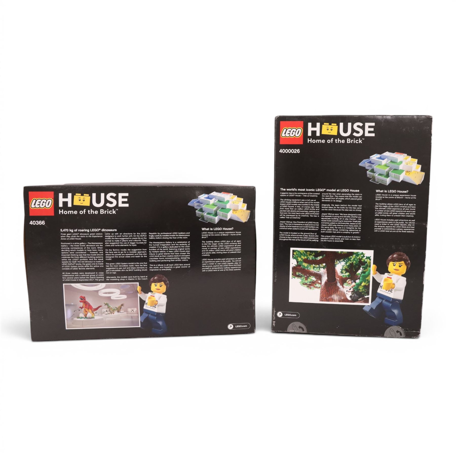 Two Lego sets, comprising Lego House Dinosaurs no. 40366 and  Lego House Tree of Creativity no. 4000026, both within sealed boxes