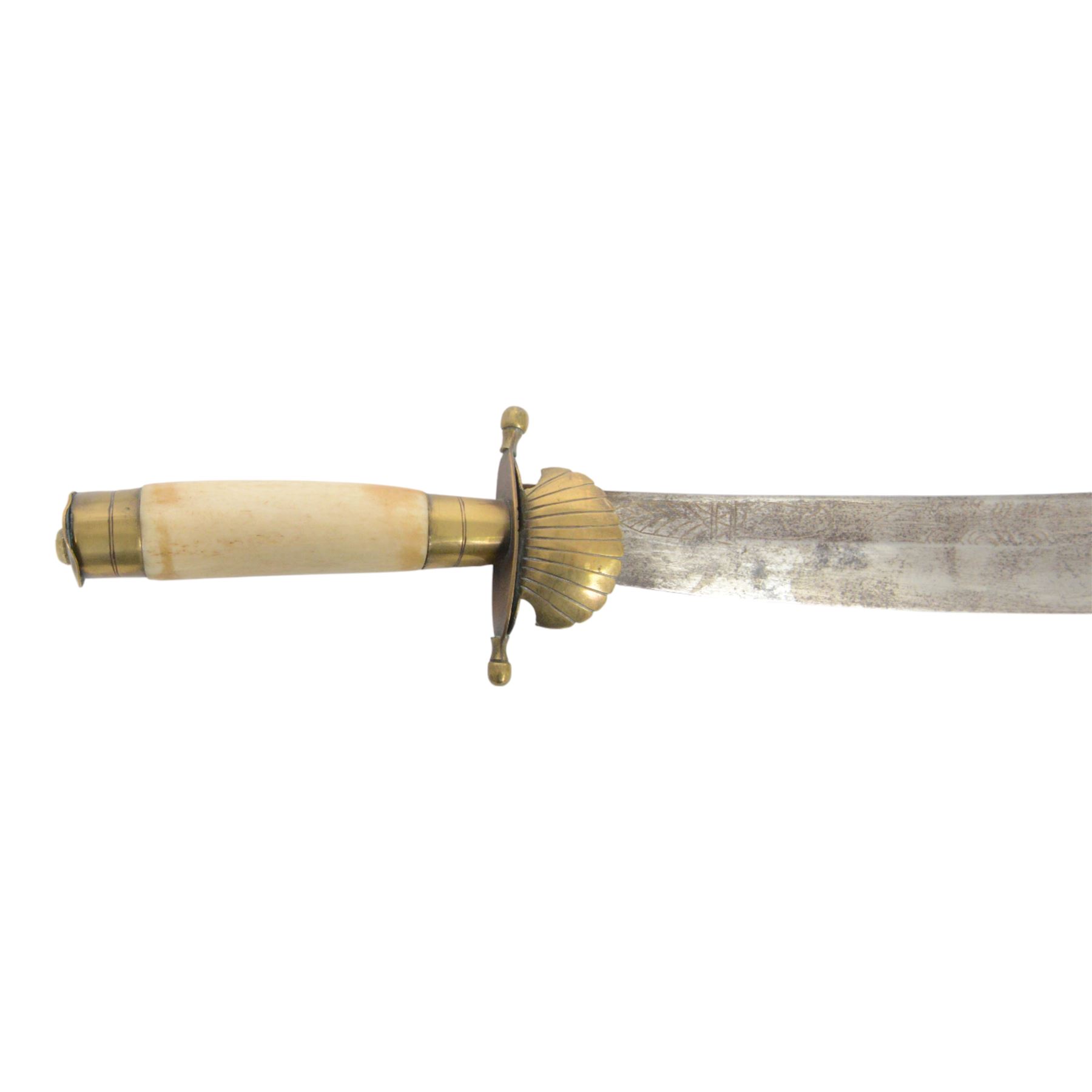 Hunting dagger, with L32cm engraved single edged blade, with a brass deer's foot cross piece with shell guard and horn grip, in a brass mounted scabbard, together with two other daggers