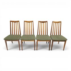 G-Plan - 'Fresco' set of teak eight dining chairs, reupholstered in green tartan and green harris tweed fabric 