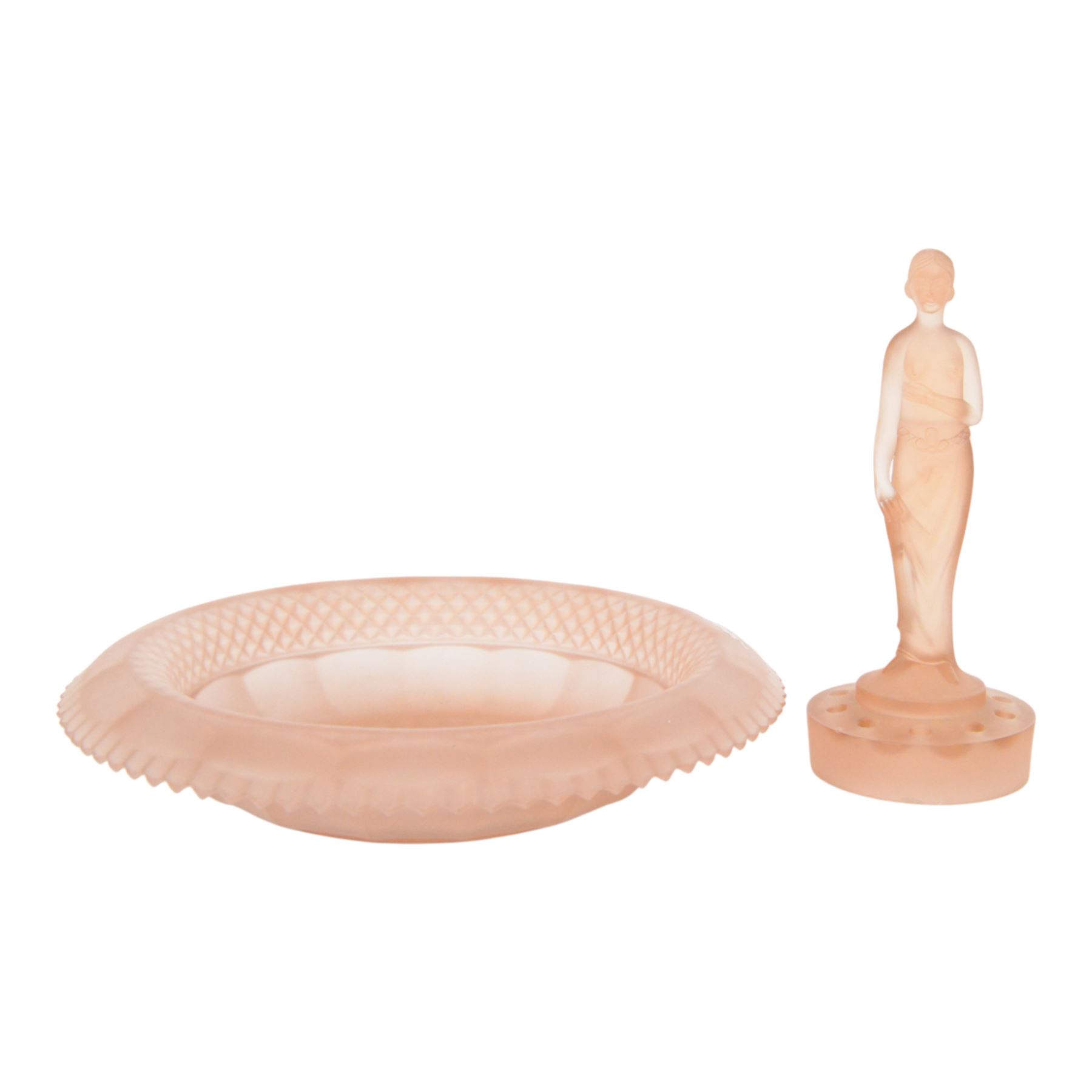 Walther & Sohne Art Deco pink glass float bowl, with central frog in the form of a lady, H23cm