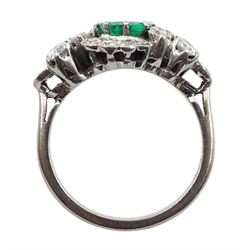 White gold round emerald and diamond cluster ring, stamped 18ct