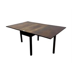 Georgian mahogany drop-leaf dining table, rectangular top with two hinged leaves supported by a gateleg mechanism, raised on square-section supports