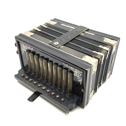 Early 20th century Olewo Germany Senior 'accordeon', the ebonised case with Art Nouveau style silvered decoration and thirteen buttons L26cm