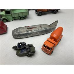 Dinky - sixteen unboxed and playworn die-cast models including Foden lorry, Big Bedford lorry with Halesowen Farm Trailer, Thunderbolt land speed record car, Spirit of the Wind racing car, market garden truck, Bedford tipper, station wagon, tanker, motorcycle combination etc; two Corgi models; and five Matchbox/Lesney models (23)