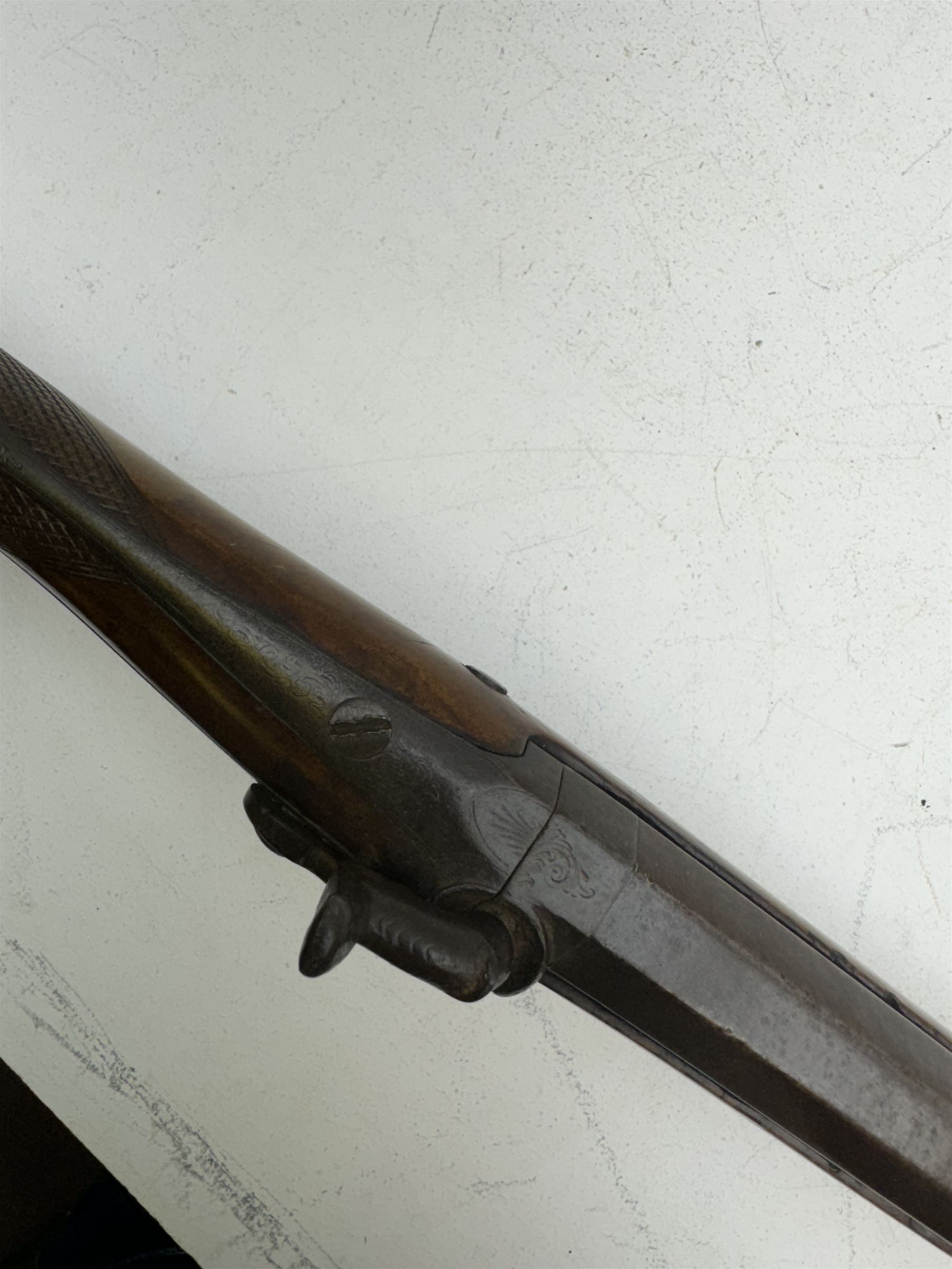 19th century Jones single barrel percussion fire shotgun, muzzle loader, walnut stock with chequered grip and engraved steel fitting marked Jones, the 68cm (27