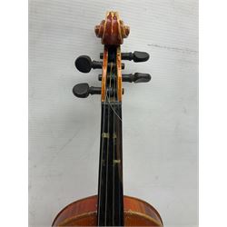 Two three-quarter size violins - German Saxony with 34cm one-piece maple back and ribs and spruce top; L56cm overall; and Hungarian with 34cm two-piece maple back and ribs and spruce top; L56cm overall; each in carrying case with bow (2)