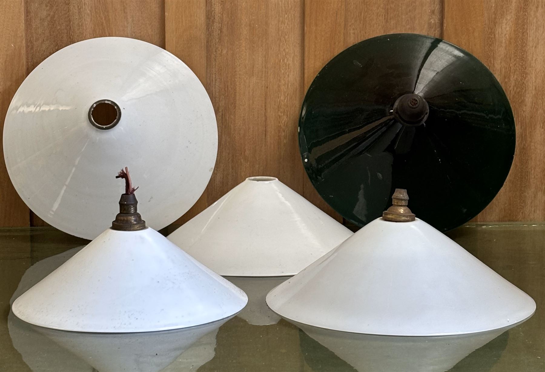 Group of five opaline glass coolie pendent light shades, three with light fittings, largest D25.5cm - COLLECTION BY APPOINTMENT FROM: The White House, Thirsk Road, Easingwold, York, YO61 3NF - CALL 01723 507111 TO ARRANGE