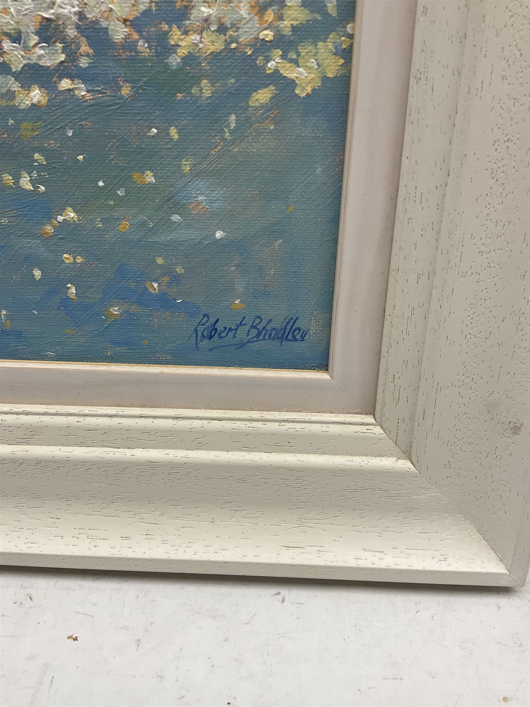 Robert Brindley (British 1949-): 'Sparkling Lights at Staithes Harbour', oil on board signed, titled verso 26cm x 20cm