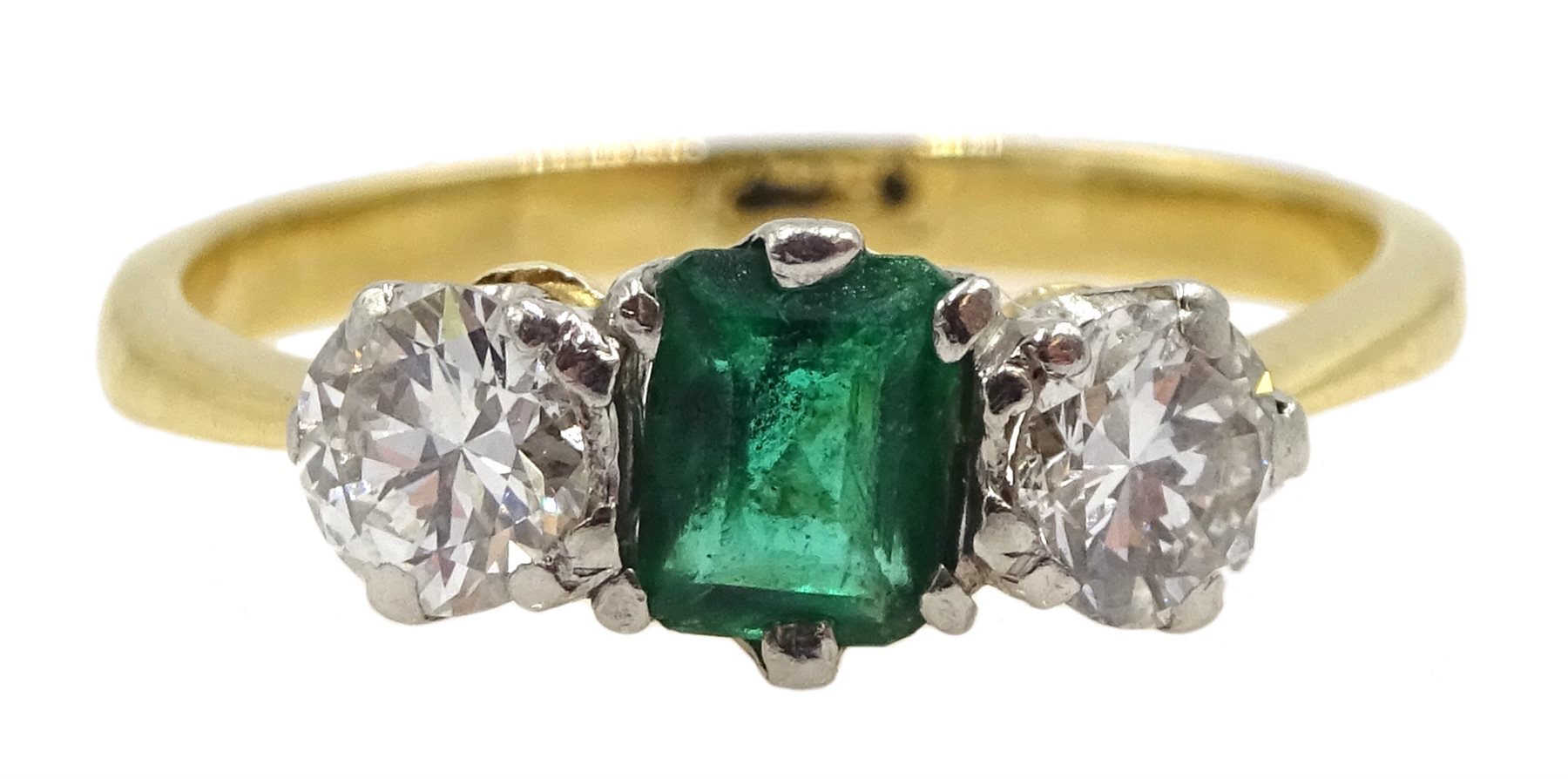 18ct gold emerald and round brilliant cut diamond ring, total diamond approx 0.40 carat