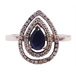 14ct white gold pear shaped sapphire and round brilliant cut diamond cluster ring
