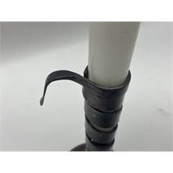 18th century spiral rat de cave candlestick on domed wooden base, H20cm