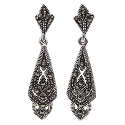  Pair of silver marcasite pendant earrings stamped 925  