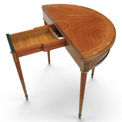 Regency revival mid 20th century walnut card table, demi lune form inlaid with boxwood, kingwood frieze with brass detail fold-over top with retractable back leg, revealing circular leather playing surface, circular tapering legs