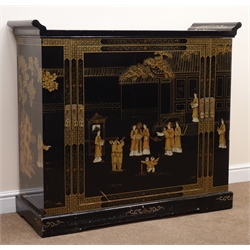  Chinese cocktail cabinet depicting village scene, raised shaped sides, two side doors, central revolving cabinet, shaped plinth base, W122cm, H107cm, D48cm  