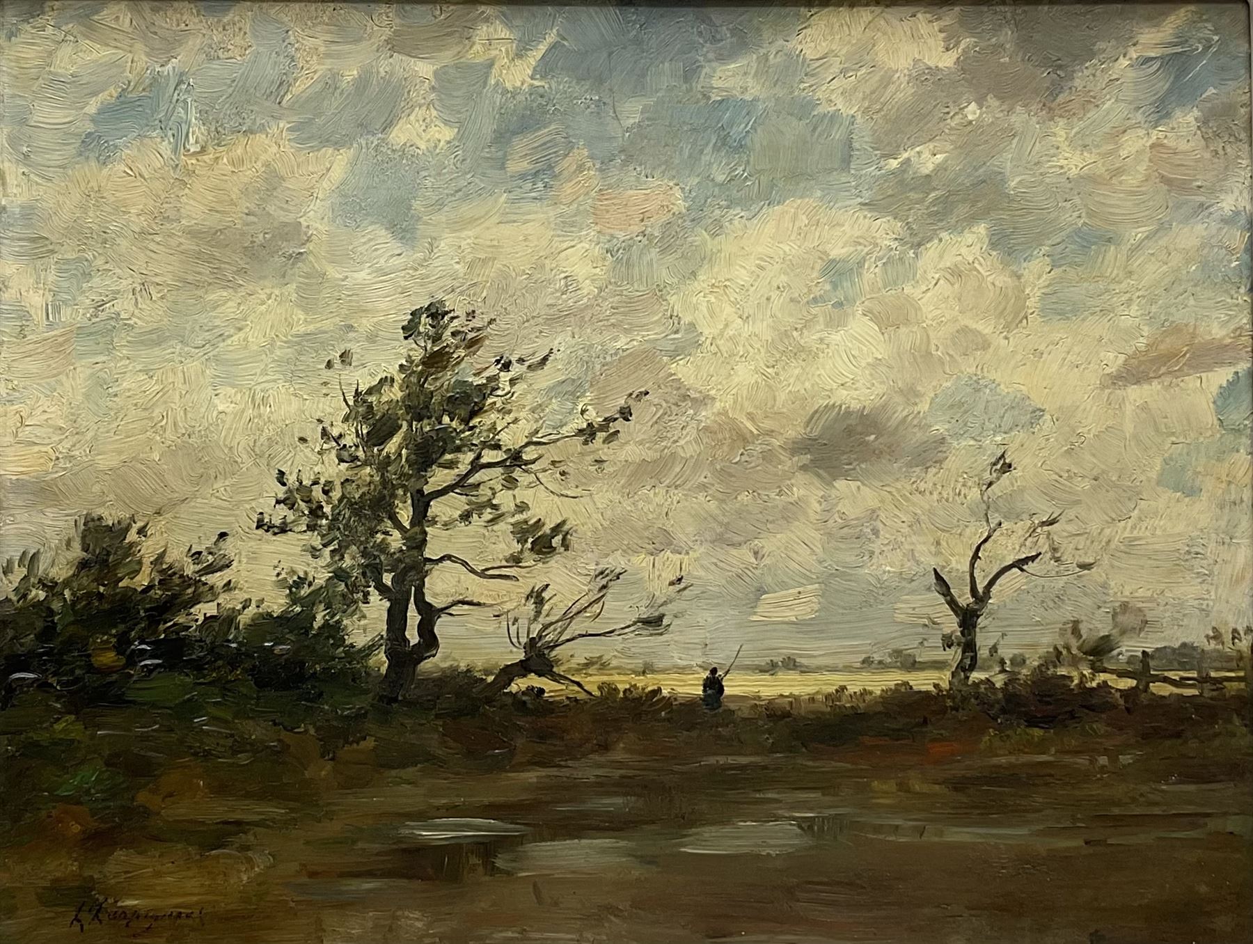 Henri Joseph Harpignies (French 1819-1916): 'Le Pecheur', oil on mahogany panel signed 26cm x 34cm
Provenance: East Yorkshire private collection; with Thomas Agnew & Sons, Old Bond Street, labelled verso No.25450 

