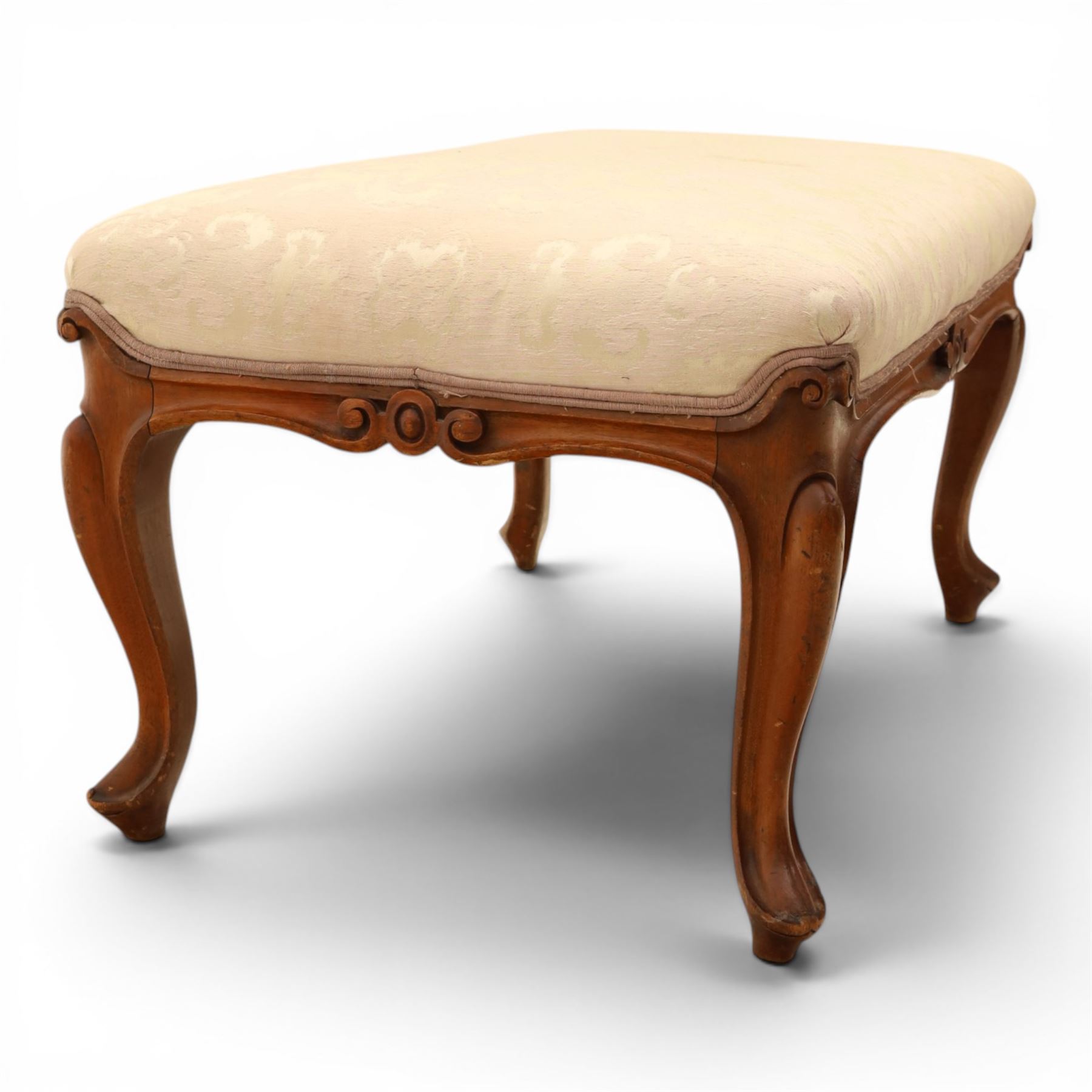 French walnut dressing stool, upholstered in pink damask fabric, raised on cabriole legs 
