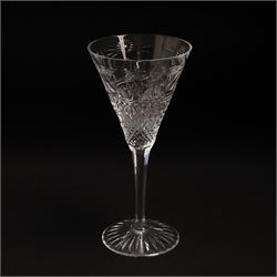  Suite of Stuart crystal Beaconsfield pattern table glass, comprising 6 claret glasses, 6 white wine glasses, 6 dessert wine glasses, 6 brandy balloons, 6 champagne flutes, and 9 whisky glasses