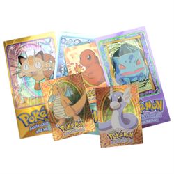 Collection of Pokemon TGC trading cards, including two WB First Movie Black Star promo cards Pikachu no. 4 and Dragonite no. 5, two Ancient Mew Black Star holo promo cards, Gym Challenge Giovanni's Persian 8/132 holo and a small collection WOTC, Neo Discovery and Neo Genesis cards, together with thirty four Bandai Carddass Pokemon cards, including prism Charizard no. 186 and Pokemon Topps cards including holo examples 