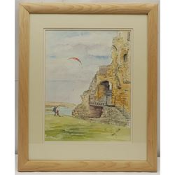 Penny Wicks (British 1949-): Flying a Kite at Scarborough Castle, watercolour and ink signed 34cm x 26cm
