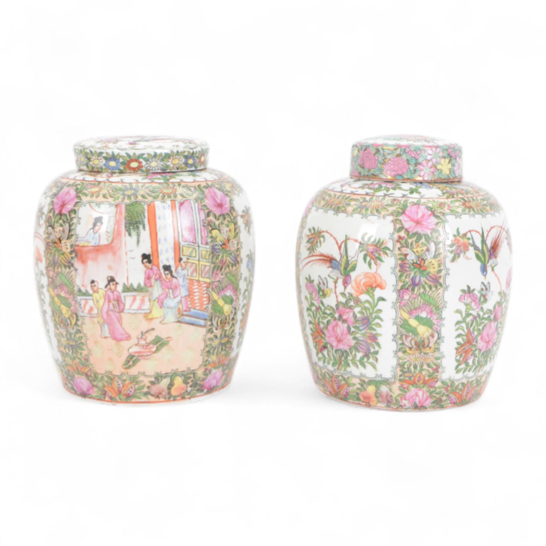 Two Canton famille rose ginger jars and covers, one decorated with birds in blossoming branches, the other with figures in a temple, together with one other jar, H30cm