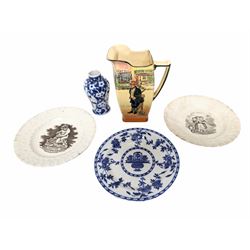 Pair of Staffordshire plates, small Chinese blue and white vase, Delft plate, and Doulton jug (5)