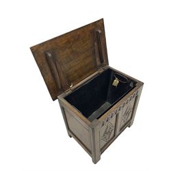 Tudor style oak coal type box with hinged top, with tin liner; and a coopered bucket (2)