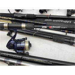 Fishing tackle including first mariner 8000 evo and other reels, unused carp line, Matt Hayes adventure 3.30m three piece carp rod, Fladen Celtic 210cm two piece rod, other rods etc