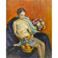 Olive Bagshaw (Northern British fl.1965-1978): Female Nude with Oranges, oil on canvas laid on board signed 50cm x 40cm Provenance: from the Artist's Studio Sale. Miss Bagshaw who was born in Salford, received her formal art training at Salford and Manchester Art School. Her work has been regularly accepted at the Royal Society of Portrait Painters, the Royal Academy and Federation of British Artists (Information from a 1970's Monks Hall Museum and Gallery exhibition catalogue)  DDS - Artist's resale rights may apply to this lot  