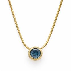 18ct gold fancy blue diamond necklace, single bezel set round brilliant cut diamond pendan...