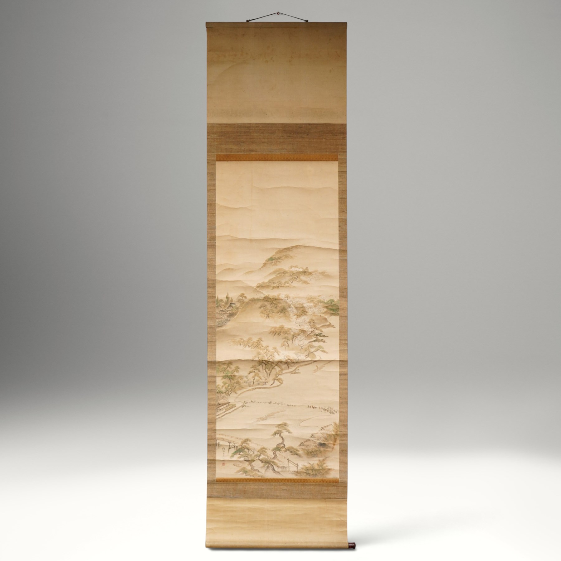 Manner of Kano Shoei Yoshinobu (Japanese 18th/19th Century): Landscape with Mountains, scroll watercolour with seal and inscription, image size 124cm x 48cm 