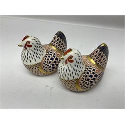 Seven Royal Crown Derby Paperweights, to include Field mouse with silver stopper, Dormouse, Chicken etc,  six without stoppers   