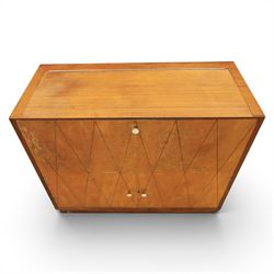 Teak mid 20th century fall front cabinet, hinged top with geometric inlay front, above twin cabinet doors
