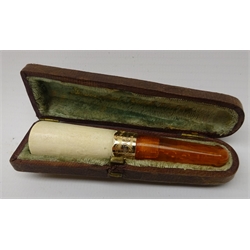  Edwardian Meerchaum and amber cheroot holder with 9ct gold band in case L8cm   