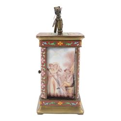 Late 20th century- Chinese 8-day timepiece carriage clock with Cloisonne work on a red ground to the four pillars, base and cornice, with painted porcelain panels to the sides, white enamel dial with Roman numerals and trefoil steel hands, platform escapement wound and set from the rear. With Key.