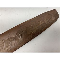 Australian Aboriginal shield, carved with Kangaroo and Emu, 74.5cm; Spear painted with aquatic creatures 78cm, and Spear thrower 81cm (3)