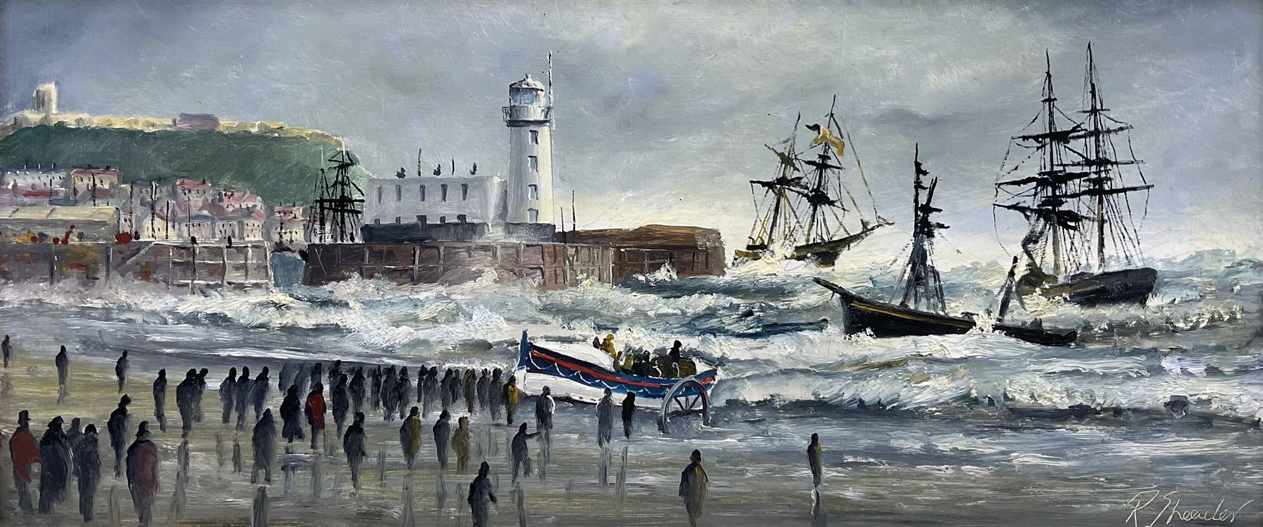 Robert Sheader (British 20th century): Scarborough South Bay at Low and High Tide, pair oils on board signed 21cm x 49cm (2)