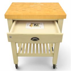 T & G Woodware - 'Pembroke Trolley' contemporary butchers block kitchen trolley, single drawer, two tiers of shelving raised on castors