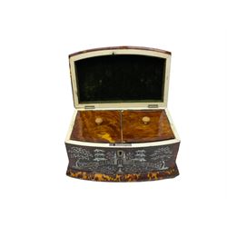 Regency tortoiseshell tea caddy of sarcophagus form, with inlaid mother of pearl decoration to the front panel depicting a Chinese garden, the hinged cover opening to reveal a twin compartmented interior with tortoiseshell lids above sections with remnants of zinc lining, H13.5c, W21cm D12cm