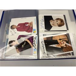 Two folders of over fifty photographs, cards, compliment slips etc of actors, actresses, celebrities, politicians, sports personalities etc, all bearing signatures, including David Frost, Lloyd Grosman, John Suchet, Julia Somerville and othe GMTV presenters, Carol Vorderman, Jackie Collins, Rolf Harris, Timothy Dalton, Pete Postlethwaite, Magnus magnusson, John Major, Kate Moss, Uri Geller, David Beckham, Peter Alliss, Sharon Davies, Kevin Keegan etc