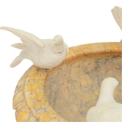 20th century alabaster bird bath, shallow bowl form with egg and dart moulded rim, mounted by four doves, H30cm, D35cm
