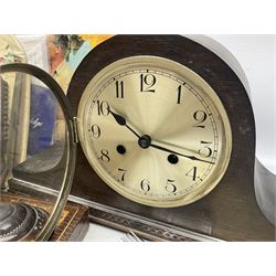 Mid 20th century cigarette box in the form of a gondola, the faux tortoiseshell with mother of pearl inlay (a/f), cased mantel clock with silvered numerical dial, oak lidded tea jar caddy, oak box, silver-plate cutlery, quantity of records, Smith's empire miniature clock, stamps etc