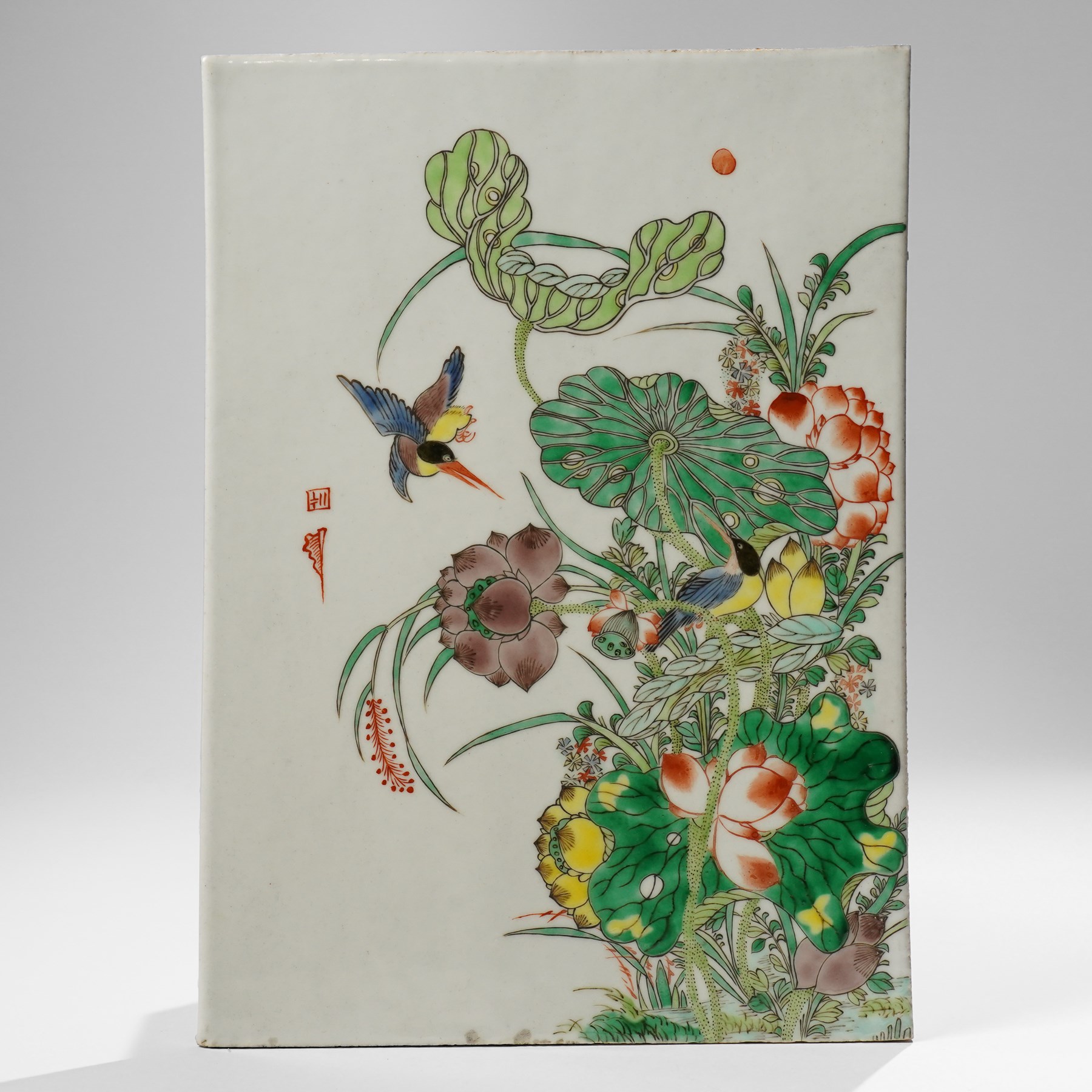 Chinese famille verte painted plaque with kingfishers, 32cm x 23cm 