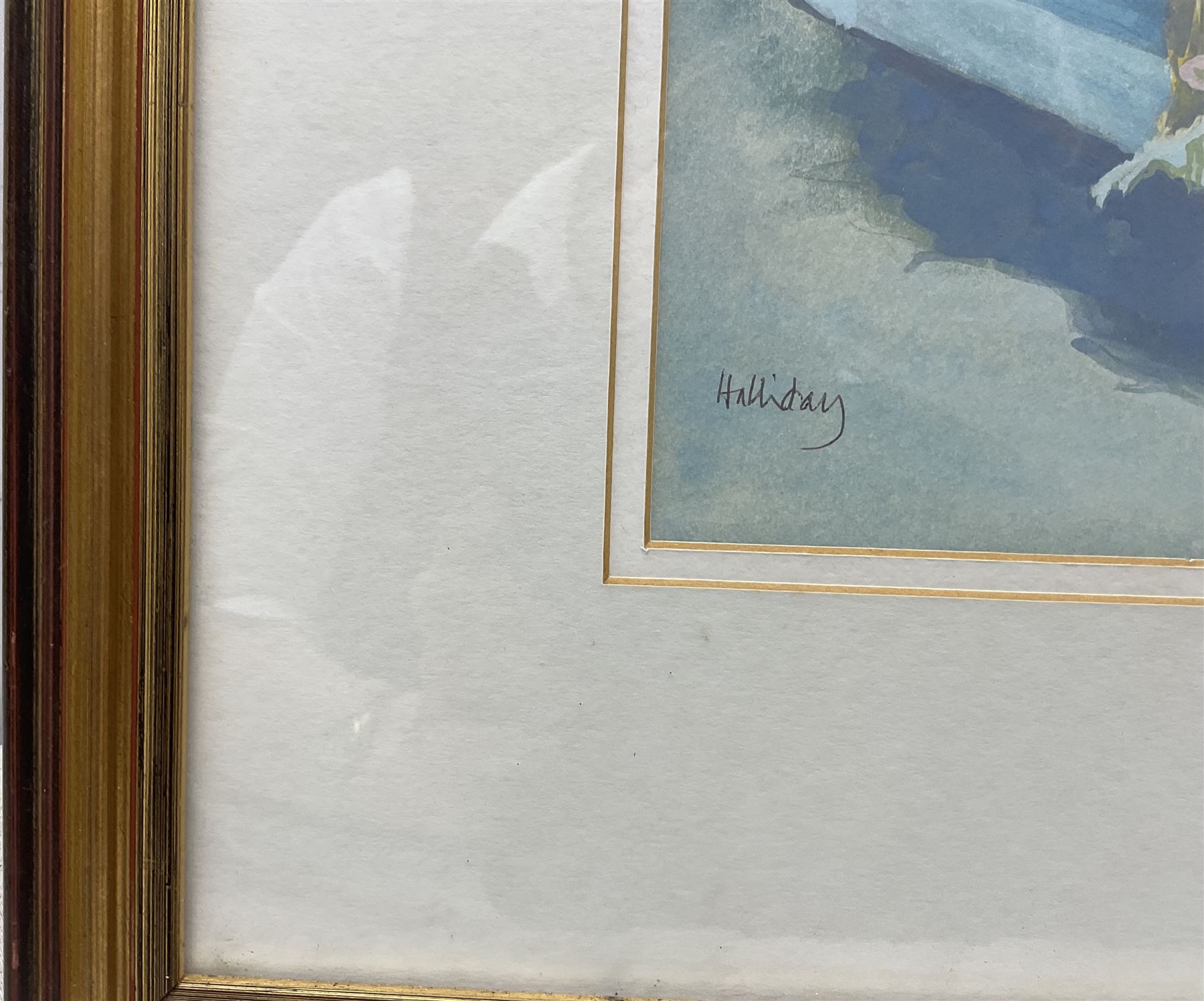 Irene Halliday (Scottish 1931-2023): 'Yellow Nets - Quayside Symi' Greece, gouache signed, titled verso 23.5cm x 35cm 